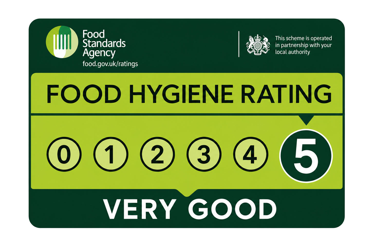 Food Standards Agency Food Hygiene Rating 5 - Very Good